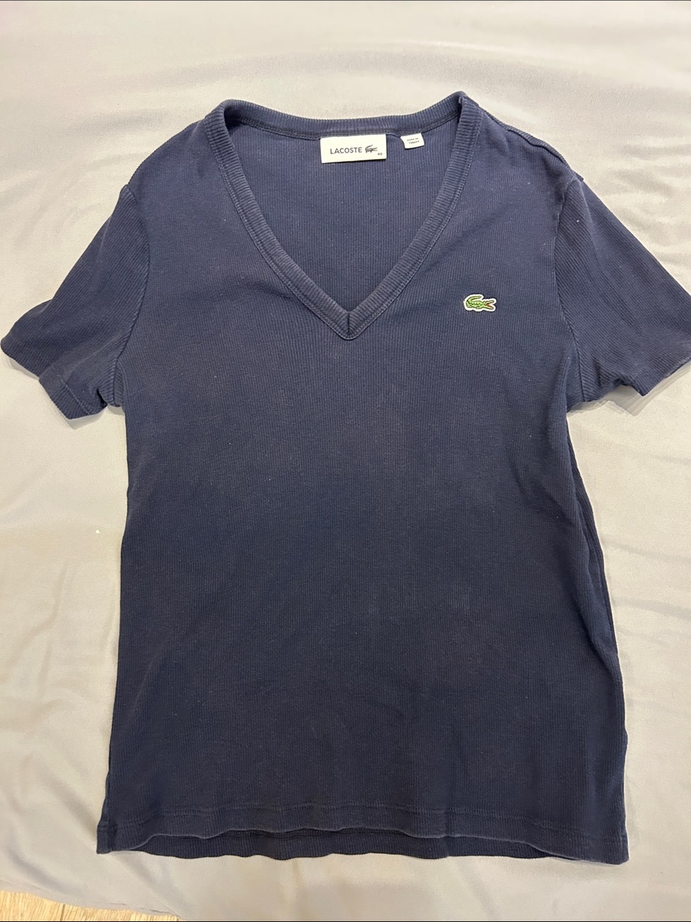 Lacoste Navy V‑Neck Tee with Green Crocodile Patch